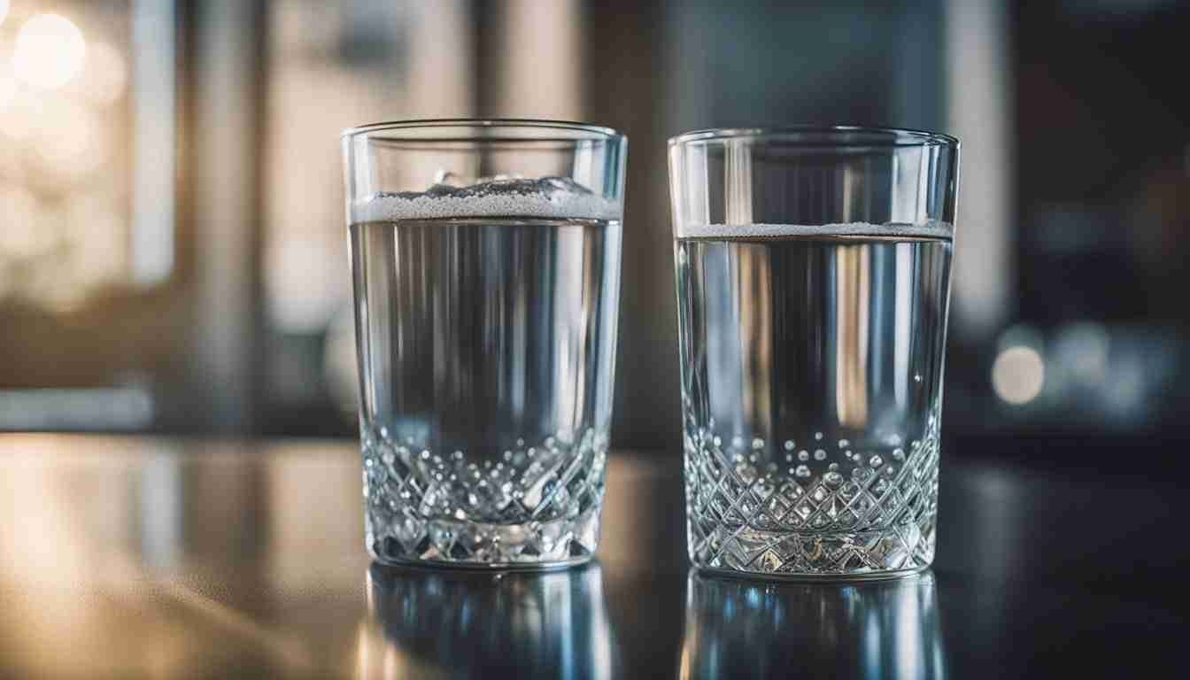 A clear glass of hard water next to a soft water glass treated with salt-free softener. A scale buildup visible in the hard water glass, while the soft water glass remains free of any mineral deposits