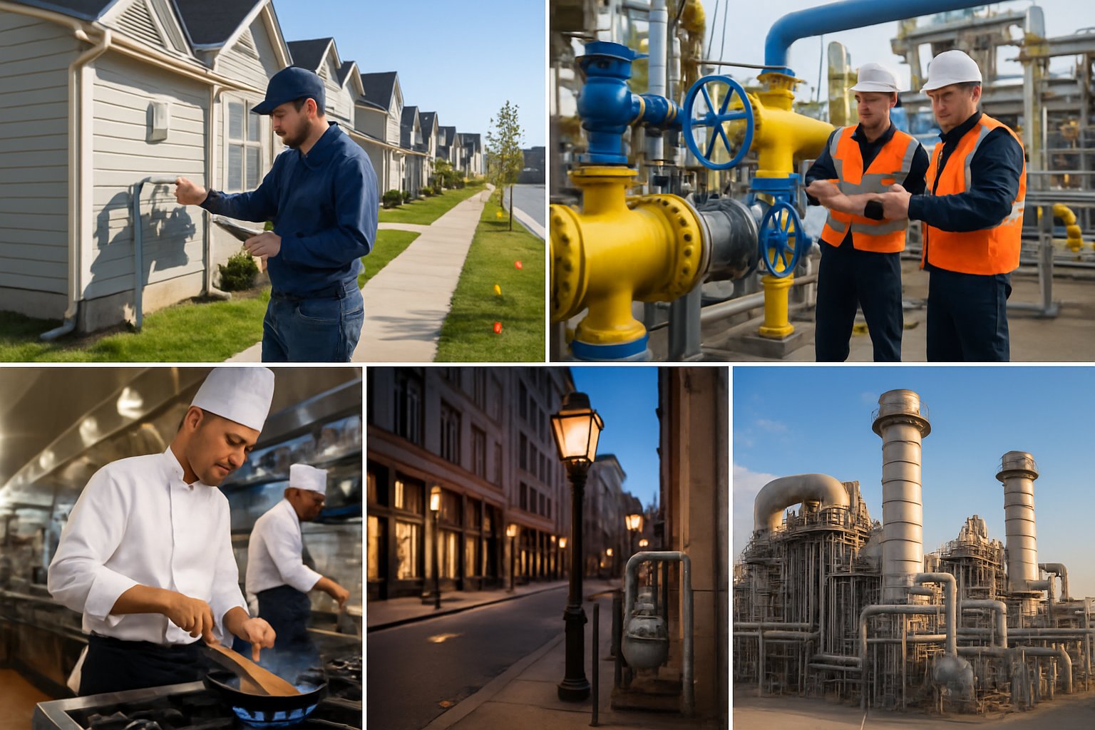 A collage showing five scenes: a technician checking a gas meter in a neighborhood, workers at an industrial gas pipeline, city street lamps using natural gas, chefs cooking on gas stoves in a commercial kitchen, and a natural gas power plant with turbines.