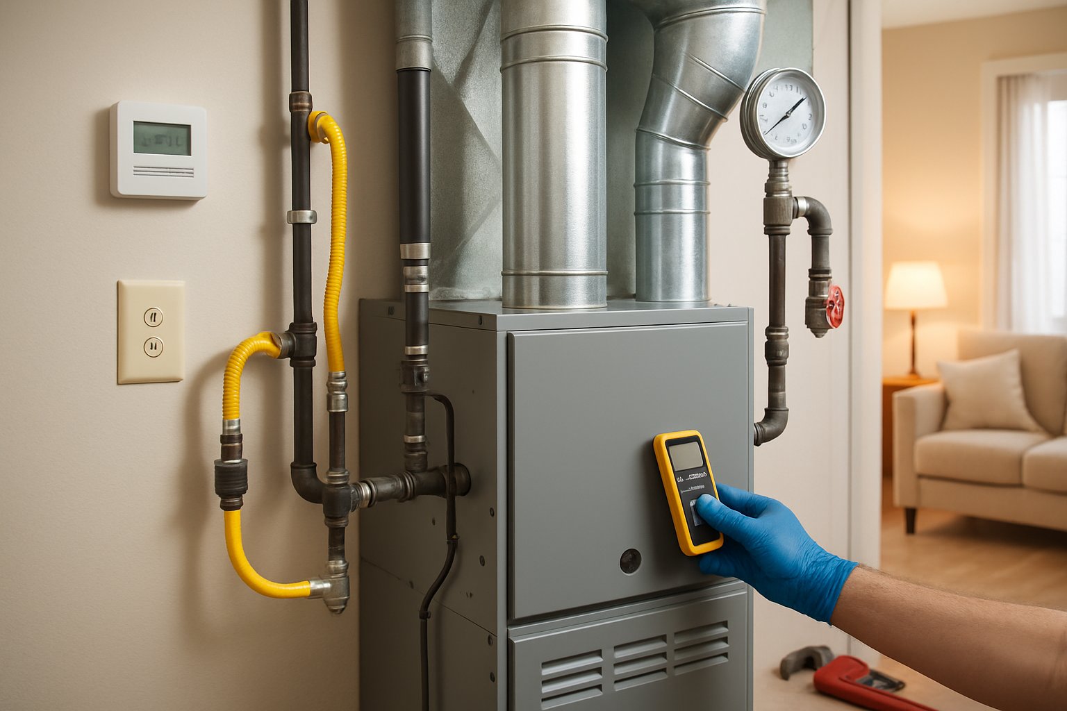 A natural gas furnace with connected gas lines in a residential utility room, showing heating system components and a technician inspecting the setup.