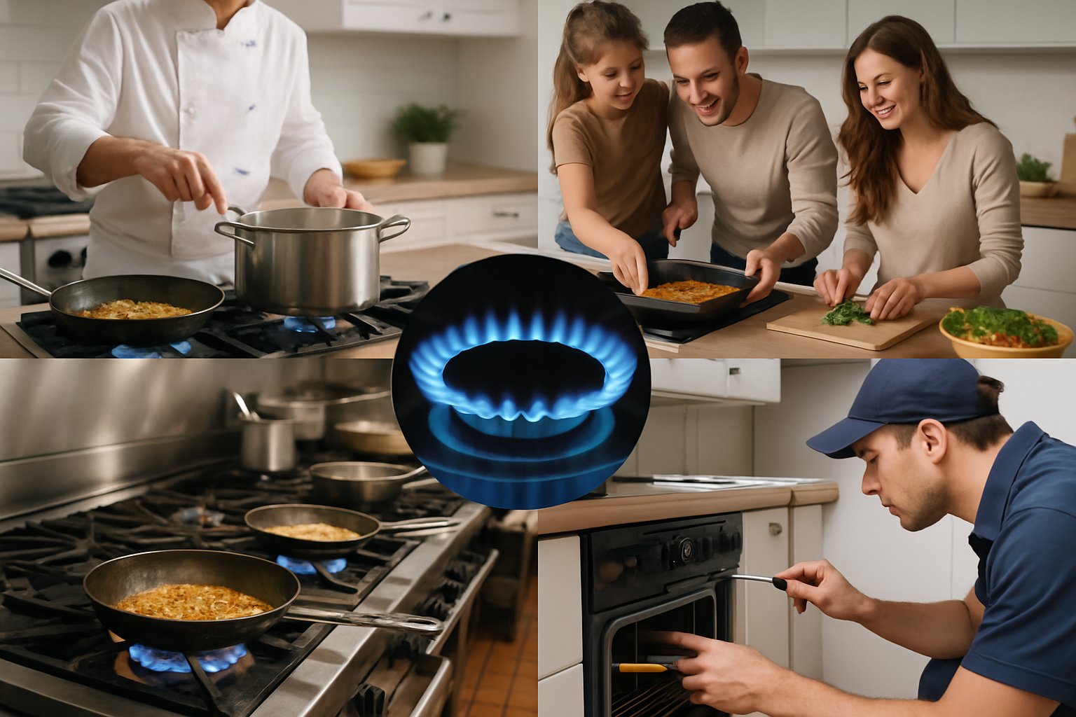 Five kitchen scenes showing natural gas stoves and ovens in use, including cooking, family meal preparation, burner close-up, restaurant kitchen, and technician inspecting gas connections.