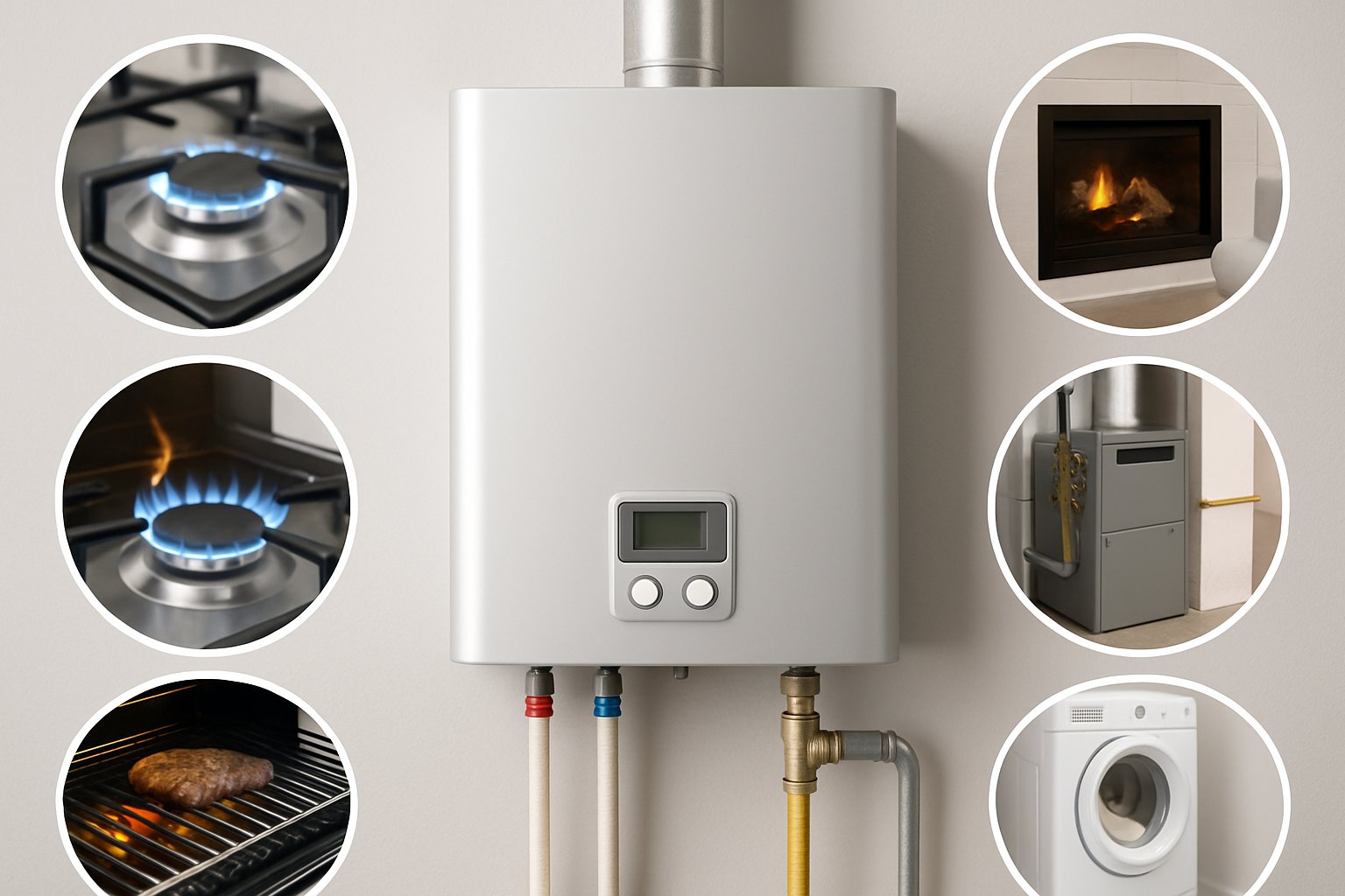 A modern home interior showing a natural gas water heater with connected gas lines, alongside scenes of a gas stove, fireplace, outdoor grill, furnace, and clothes dryer.