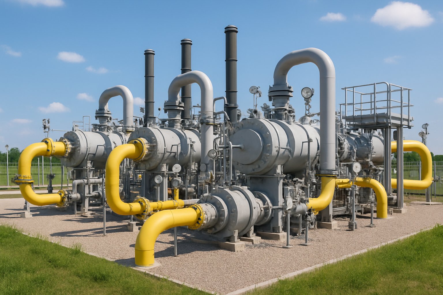 A natural gas compressor station with large industrial equipment and piping under a clear sky.