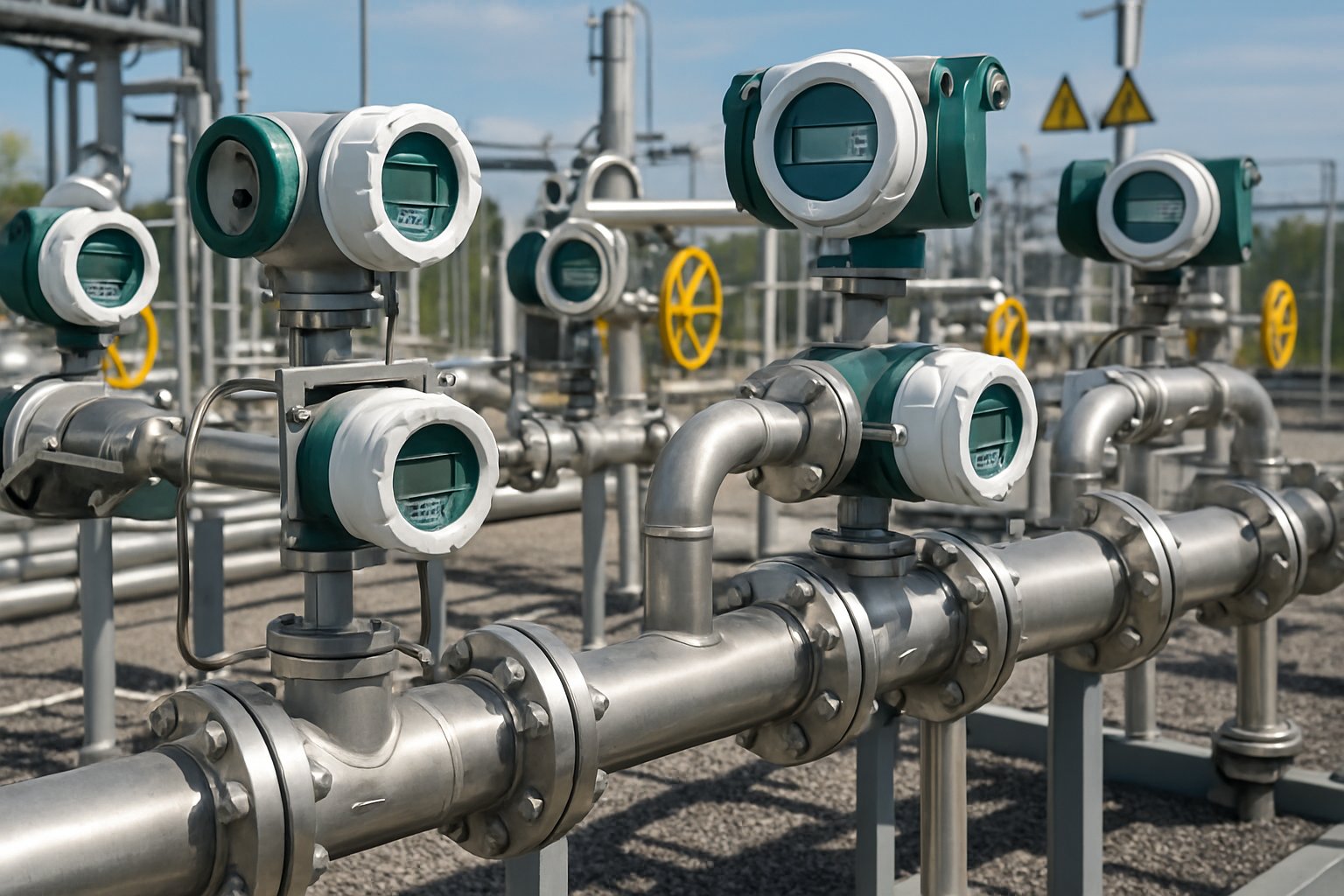 An industrial natural gas meter station with pipes, valves, and flow meters measuring gas volume at entry and delivery points.
