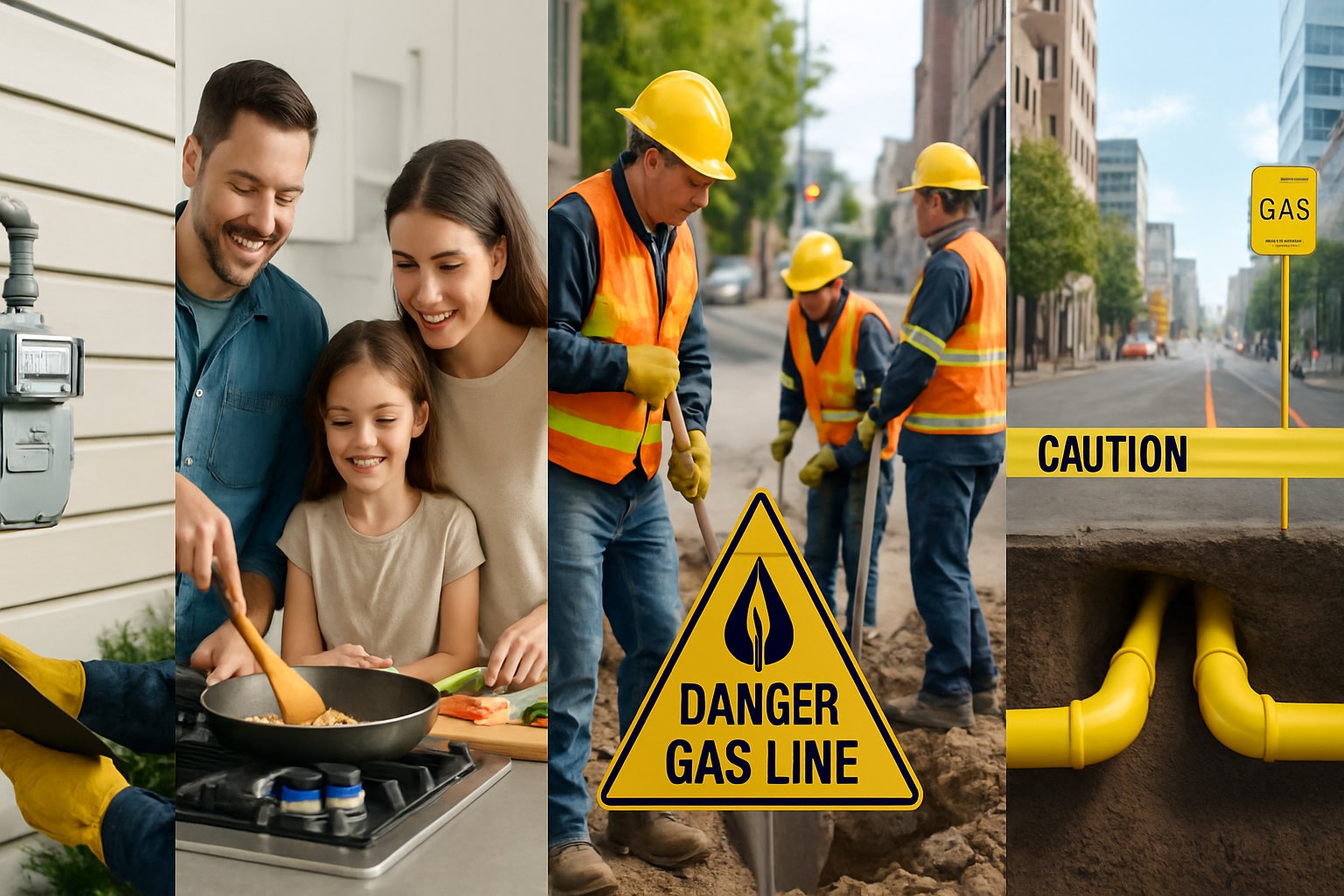 Five scenes showing natural gas line safety: a technician inspecting a gas meter, a family cooking on a gas stove, construction workers near marked gas lines, emergency responders at a gas leak site, and a cityscape with underground gas pipelines.