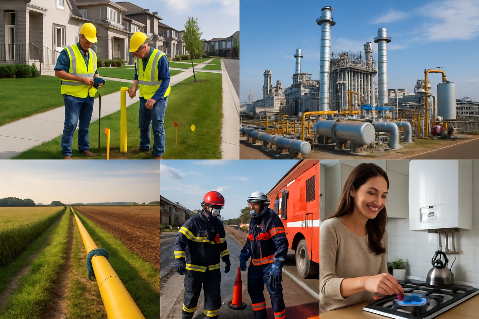 A collage showing five scenes of natural gas lines in urban, industrial, rural, emergency response, and residential settings, highlighting their environmental and economic importance.