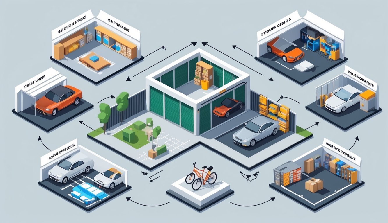 An isometric illustration showing a self storage facility and seven scenes of different rooms and areas becoming more spacious and organized by moving items into storage units.
