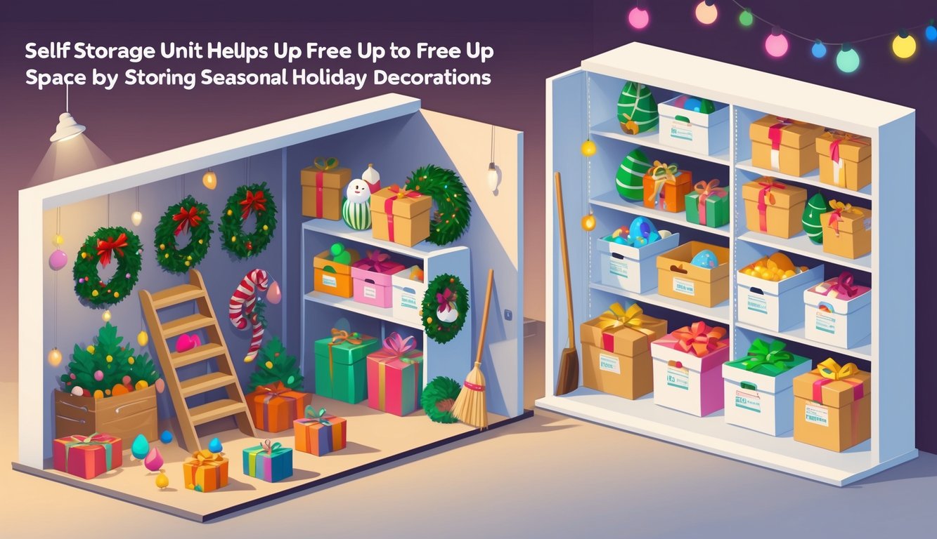 A cluttered attic filled with holiday decorations next to a neat self storage unit with organized boxes storing the decorations.
