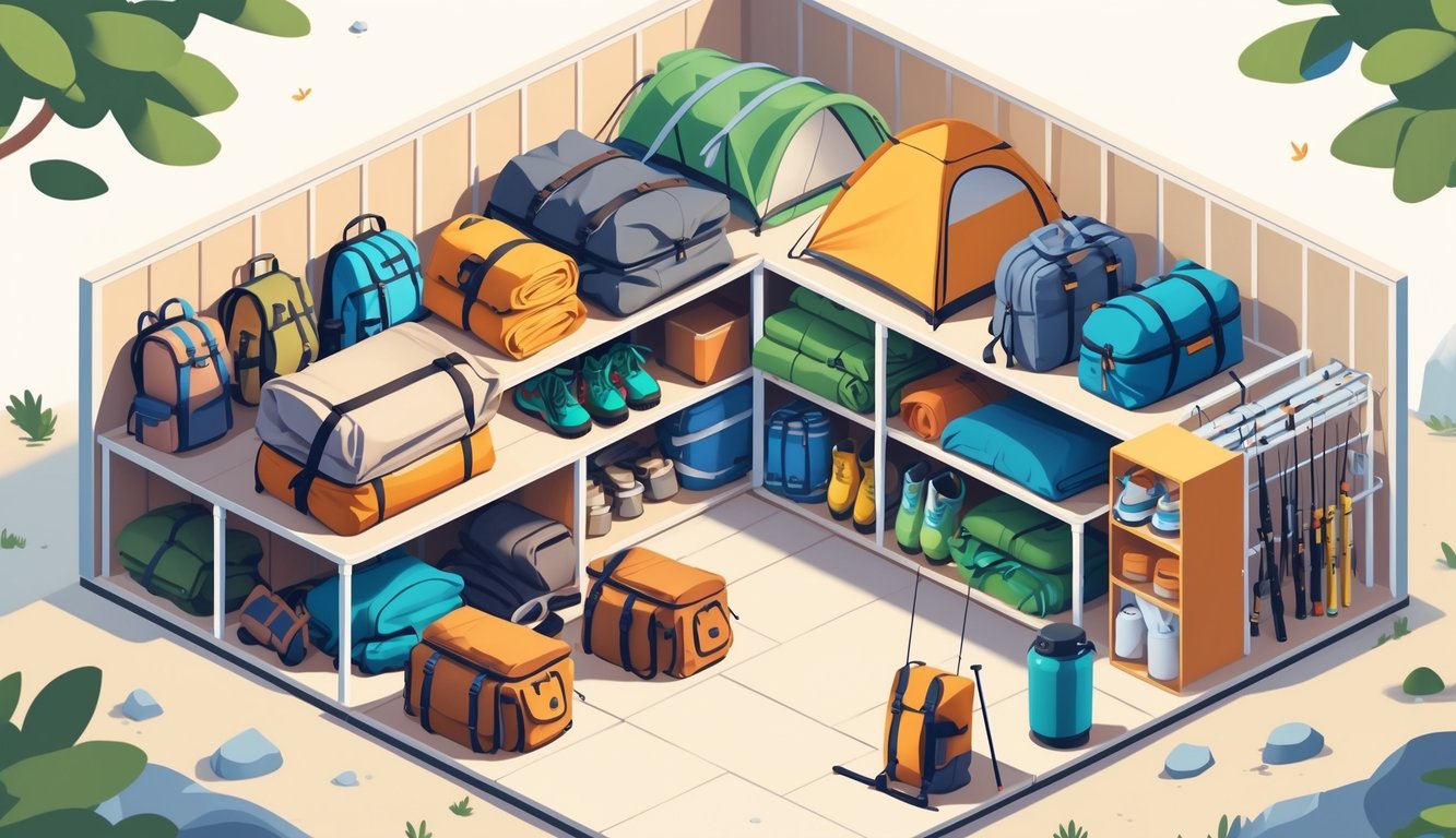 A storage unit organized with camping and travel gear, including backpacks, tents, sleeping bags, cooking equipment, boots, fishing rods, and coolers, all neatly arranged and easy to access.