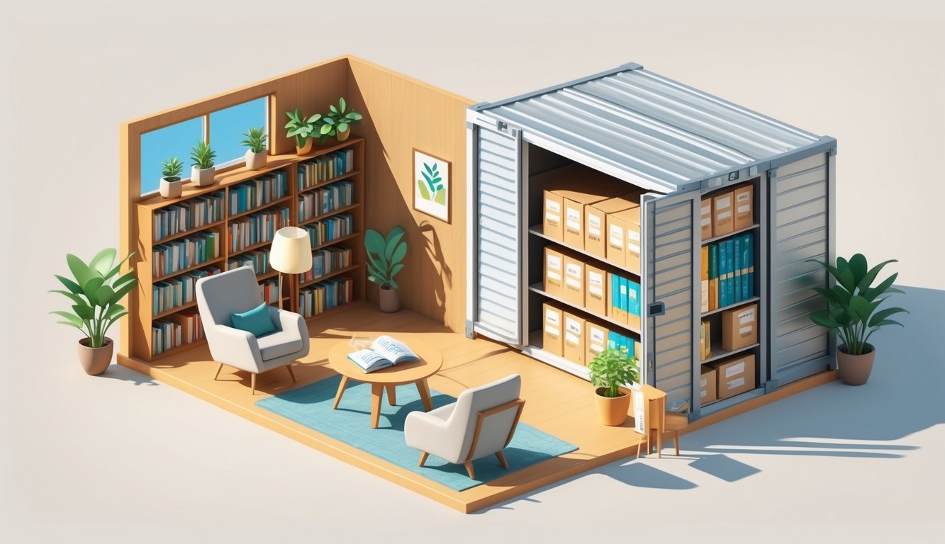 A small cozy reading nook with a chair, bookshelf, and a nearby organized self storage unit holding extra books and boxes, showing a tidy and spacious room.