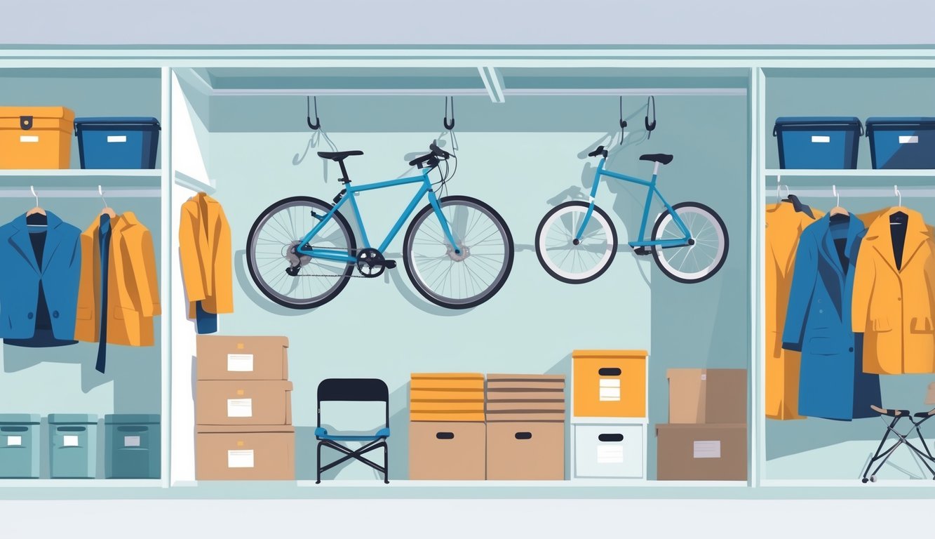 A self storage unit with bikes and seasonal clothing hanging from ceiling hooks, surrounded by organized boxes and shelves.