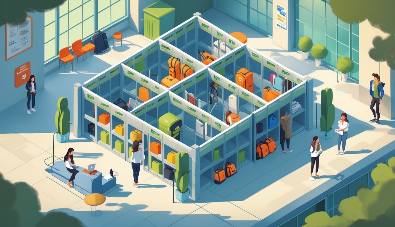 A bright and organized storage area with lockers and cubbies holding college students’ backpacks, books, and sports gear, with students interacting nearby in a campus-like setting.
