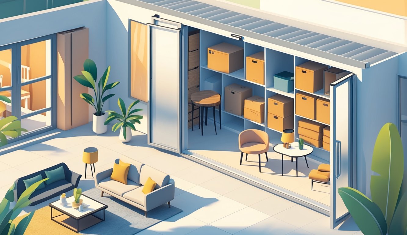 A tidy living room with minimal furniture and an open self storage unit filled with neatly stacked boxes and household items, showing how storing rarely used items frees up space.