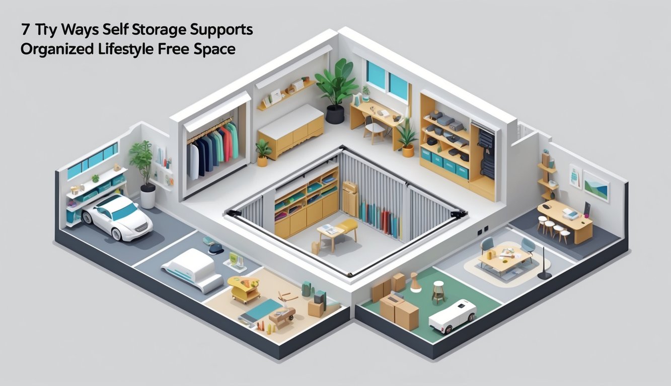 An isometric illustration showing a home with cluttered rooms transforming into organized, spacious rooms through the use of a self storage unit filled with neatly arranged boxes and shelves.