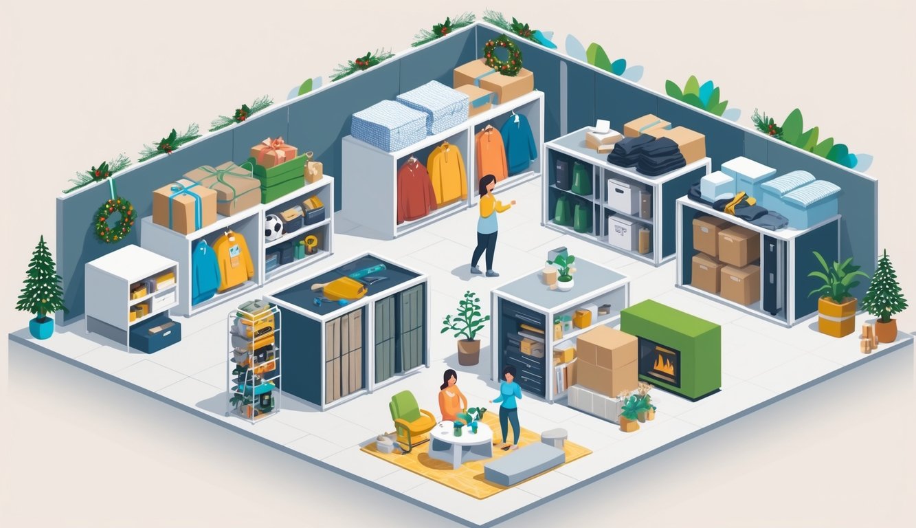 An isometric view of a self storage facility with multiple units storing holiday decorations, winter clothes, electronics, sports gear, family heirlooms, gardening tools, and furniture, alongside a tidy home environment with open space and organized rooms.