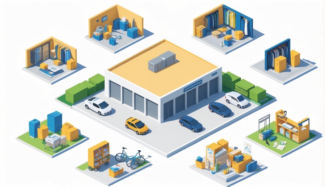 An isometric illustration showing a self storage facility surrounded by seven scenes of people storing household items, sports gear, furniture, and business supplies to create more space at home.